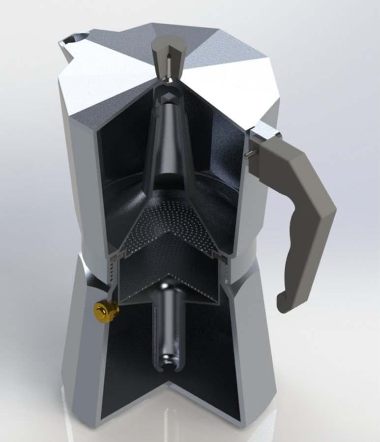 Rendu en coupe d'une cafetière italienne modélisée en CAO
